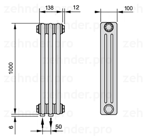 Схема (чертеж) Радиатор Zehnder Charleston 3100/3 №3470 Белый глянцевый RAL 9016